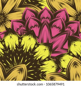 Seamless floral background. Tracery handmade nature ethnic fabric backdrop pattern with flowers. Textile design texture. Decorative color art. Vector
