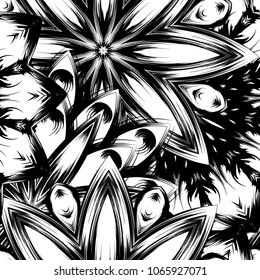 Seamless floral background. Tracery handmade nature ethnic fabric backdrop pattern with saturated dark flowers. Textile design texture. Decorative binary monochrome black and white art. Vector