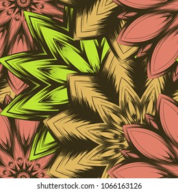 Seamless floral background. Tracery handmade nature ethnic fabric backdrop pattern with flowers. Textile design texture. Decorative color art. Vector