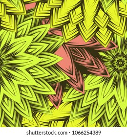 Seamless floral background. Tracery handmade nature ethnic fabric backdrop pattern with flowers. Textile design texture. Decorative color art. Vector