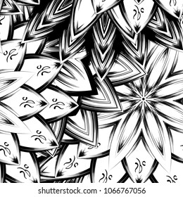 Seamless floral background. Tracery handmade nature ethnic fabric backdrop pattern with saturated dark flowers. Textile design texture. Decorative binary monochrome black and white art. Vector