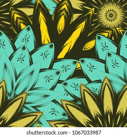 Seamless floral background. Tracery handmade nature ethnic fabric backdrop pattern with flowers. Textile design texture. Decorative color art. Vector