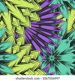 Seamless floral background. Tracery handmade nature ethnic fabric backdrop pattern with flowers. Textile design texture. Decorative color art. Vector