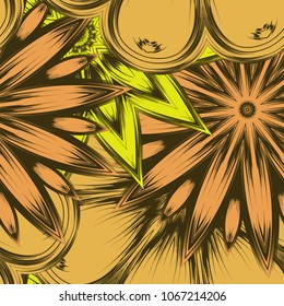 Seamless floral background. Tracery handmade nature ethnic fabric backdrop pattern with flowers. Textile design texture. Decorative color art. Vector