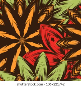 Seamless floral background. Tracery handmade nature ethnic fabric backdrop pattern with flowers. Textile design texture. Decorative color art. Vector