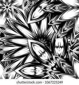 Seamless floral background. Tracery handmade nature ethnic fabric backdrop pattern with saturated dark flowers. Textile design texture. Decorative binary monochrome black and white art. Vector