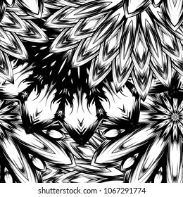 Seamless floral background. Tracery handmade nature ethnic fabric backdrop pattern with saturated dark flowers. Textile design texture. Decorative binary monochrome black and white art. Vector