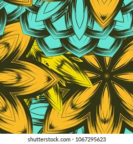 Seamless floral background. Tracery handmade nature ethnic fabric backdrop pattern with flowers. Textile design texture. Decorative color art. Vector