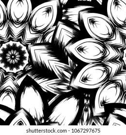 Seamless floral background. Tracery handmade nature ethnic fabric backdrop pattern with saturated dark flowers. Textile design texture. Decorative binary monochrome black and white art. Vector