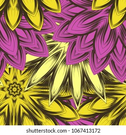Seamless floral background. Tracery handmade nature ethnic fabric backdrop pattern with flowers. Textile design texture. Decorative color art. Vector