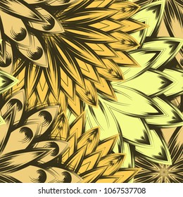 Seamless floral background. Tracery handmade nature ethnic fabric backdrop pattern with flowers. Textile design texture. Decorative color art. Vector