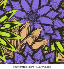 Seamless floral background. Tracery handmade nature ethnic fabric backdrop pattern with flowers. Textile design texture. Decorative color art. Vector