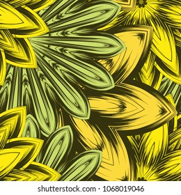 Seamless floral background. Tracery handmade nature ethnic fabric backdrop pattern with flowers. Textile design texture. Decorative color art. Vector
