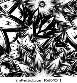 Seamless floral background. Tracery handmade nature ethnic fabric backdrop pattern with saturated dark flowers. Textile design texture. Decorative binary monochrome black and white art. Vector