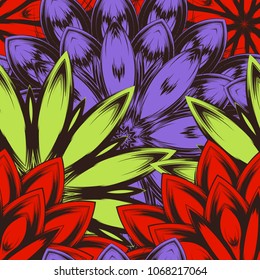 Seamless floral background. Tracery handmade nature ethnic fabric backdrop pattern with flowers. Textile design texture. Decorative color art. Vector