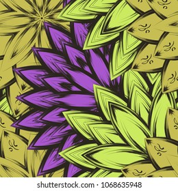 Seamless floral background. Tracery handmade nature ethnic fabric backdrop pattern with flowers. Textile design texture. Decorative color art. Vector
