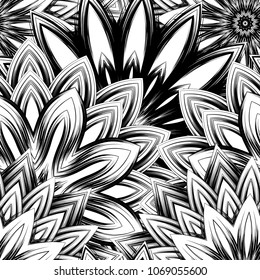 Seamless floral background. Tracery handmade nature ethnic fabric backdrop pattern with saturated dark flowers. Textile design texture. Decorative binary monochrome black and white art. Vector