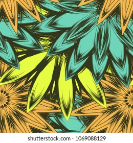 Seamless floral background. Tracery handmade nature ethnic fabric backdrop pattern with flowers. Textile design texture. Decorative color art. Vector