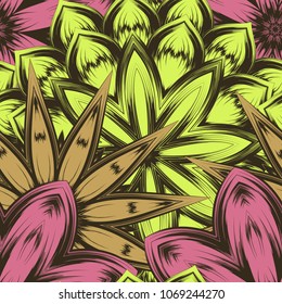 Seamless floral background. Tracery handmade nature ethnic fabric backdrop pattern with flowers. Textile design texture. Decorative color art. Vector