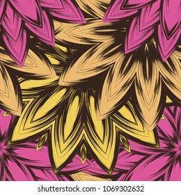 Seamless floral background. Tracery handmade nature ethnic fabric backdrop pattern with flowers. Textile design texture. Decorative color art. Vector