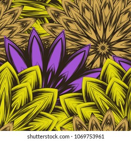 Seamless floral background. Tracery handmade nature ethnic fabric backdrop pattern with flowers. Textile design texture. Decorative color art. Vector