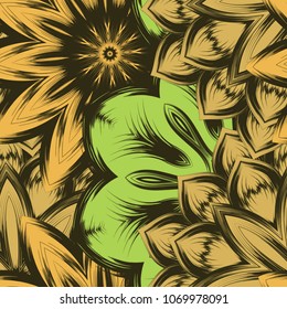 Seamless floral background. Tracery handmade nature ethnic fabric backdrop pattern with flowers. Textile design texture. Decorative color art. Vector