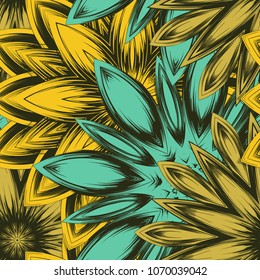 Seamless floral background. Tracery handmade nature ethnic fabric backdrop pattern with flowers. Textile design texture. Decorative color art. Vector