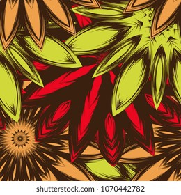 Seamless floral background. Tracery handmade nature ethnic fabric backdrop pattern with flowers. Textile design texture. Decorative color art. Vector