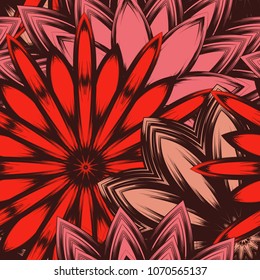 Seamless floral background. Tracery handmade nature ethnic fabric backdrop pattern with flowers. Textile design texture. Decorative color art. Vector