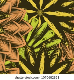 Seamless floral background. Tracery handmade nature ethnic fabric backdrop pattern with flowers. Textile design texture. Decorative color art. Vector