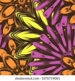 Seamless floral background. Tracery handmade nature ethnic fabric backdrop pattern with flowers. Textile design texture. Decorative color art. Vector