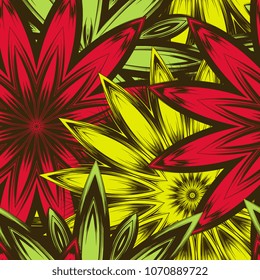 Seamless floral background. Tracery handmade nature ethnic fabric backdrop pattern with flowers. Textile design texture. Decorative color art. Vector