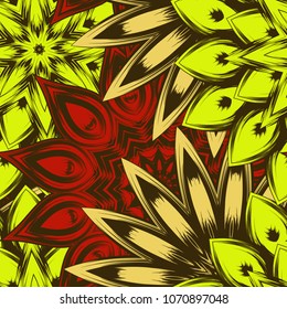 Seamless floral background. Tracery handmade nature ethnic fabric backdrop pattern with flowers. Textile design texture. Decorative color art. Vector