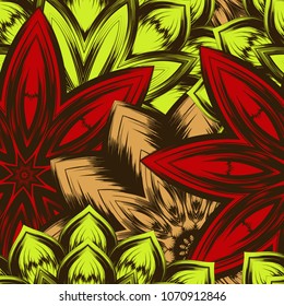 Seamless floral background. Tracery handmade nature ethnic fabric backdrop pattern with flowers. Textile design texture. Decorative color art. Vector