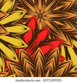 Seamless floral background. Tracery handmade nature ethnic fabric backdrop pattern with flowers. Textile design texture. Decorative color art. Vector