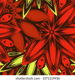 Seamless floral background. Tracery handmade nature ethnic fabric backdrop pattern with flowers. Textile design texture. Decorative color art. Vector