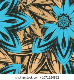 Seamless floral background. Tracery handmade nature ethnic fabric backdrop pattern with flowers. Textile design texture. Decorative color art. Vector