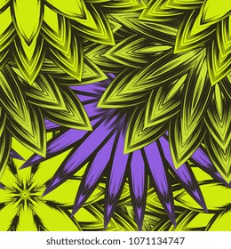 Seamless floral background. Tracery handmade nature ethnic fabric backdrop pattern with flowers. Textile design texture. Decorative color art. Vector