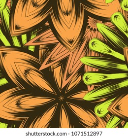 Seamless floral background. Tracery handmade nature ethnic fabric backdrop pattern with flowers. Textile design texture. Decorative color art. Vector