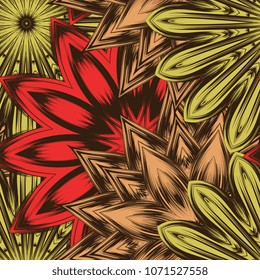 Seamless floral background. Tracery handmade nature ethnic fabric backdrop pattern with flowers. Textile design texture. Decorative color art. Vector
