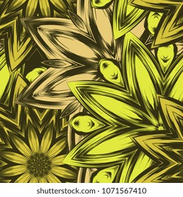Seamless floral background. Tracery handmade nature ethnic fabric backdrop pattern with flowers. Textile design texture. Decorative color art. Vector