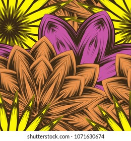 Seamless floral background. Tracery handmade nature ethnic fabric backdrop pattern with flowers. Textile design texture. Decorative color art. Vector