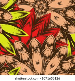 Seamless floral background. Tracery handmade nature ethnic fabric backdrop pattern with flowers. Textile design texture. Decorative color art. Vector