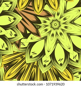 Seamless floral background. Tracery handmade nature ethnic fabric backdrop pattern with flowers. Textile design texture. Decorative color art. Vector