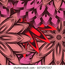 Seamless floral background. Tracery handmade nature ethnic fabric backdrop pattern with flowers. Textile design texture. Decorative color art. Vector