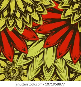 Seamless floral background. Tracery handmade nature ethnic fabric backdrop pattern with flowers. Textile design texture. Decorative color art. Vector