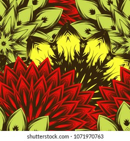 Seamless floral background. Tracery handmade nature ethnic fabric backdrop pattern with flowers. Textile design texture. Decorative color art. Vector