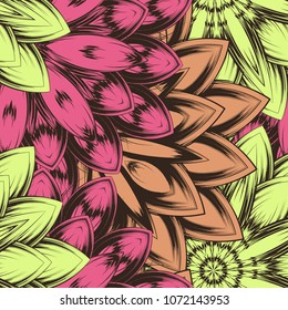 Seamless floral background. Tracery handmade nature ethnic fabric backdrop pattern with flowers. Textile design texture. Decorative color art. Vector
