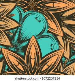 Seamless floral background. Tracery handmade nature ethnic fabric backdrop pattern with flowers. Textile design texture. Decorative color art. Vector