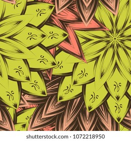 Seamless floral background. Tracery handmade nature ethnic fabric backdrop pattern with flowers. Textile design texture. Decorative color art. Vector